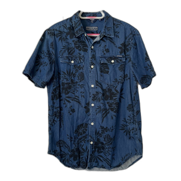 SUPERDRY Blue Floral Short Sleeve Button Up Shirt Top Mens Size Medium - Picture 2 of 8